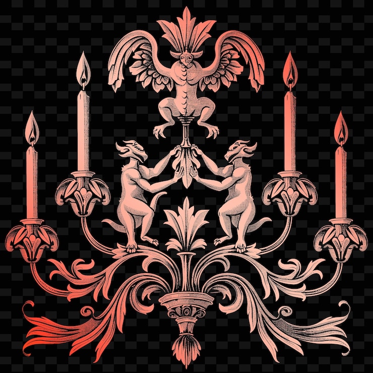 PSD contorno de candelabro de hierro con patrón de flor de lis y marcos de ilustración de gargoya colección de decoración