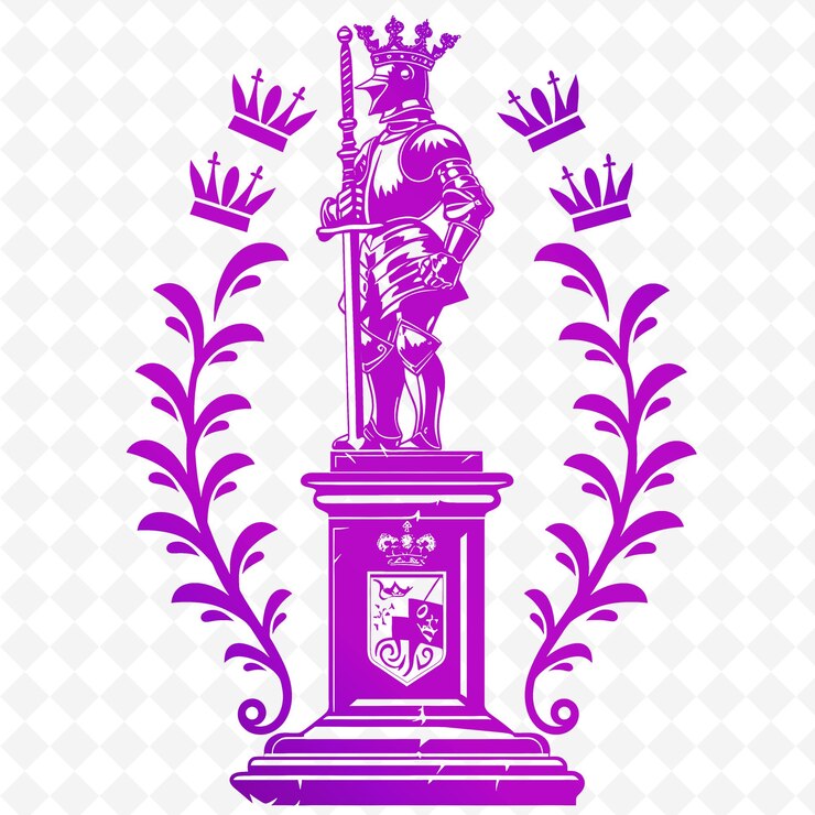 PSD contorno de estátua com figura de cavaleiro e símbolos de coroa para decoração de quadros de ilustração