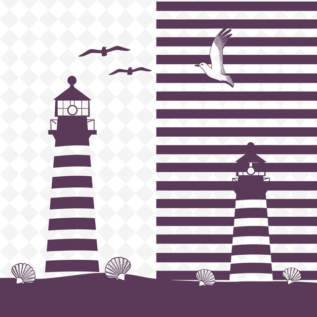 Contorno de farol costeiro com desenho listrado e ilustração de gaivota coleção de motivos de decoração