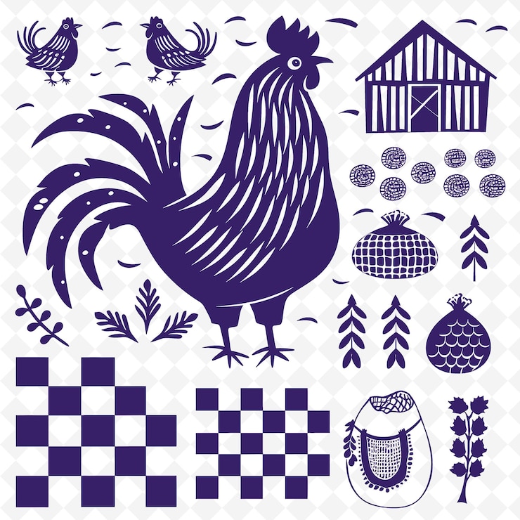 PSD contorno de galo de campo com padrão quadriculado e ilustração de barracão motivos de decoração colecção