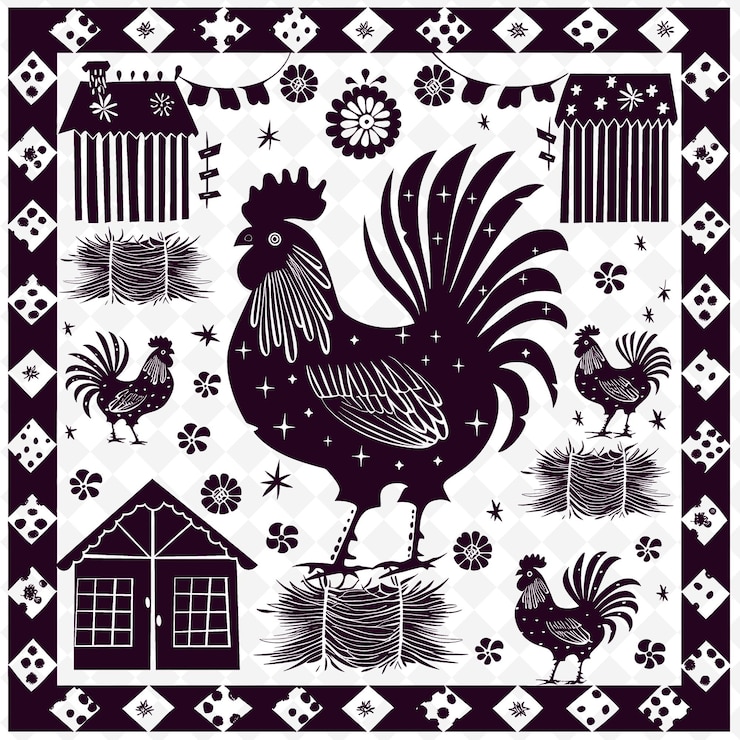 PSD contorno de galo de campo com padrão quadriculado e ilustração de barracão motivos de decoração colecção