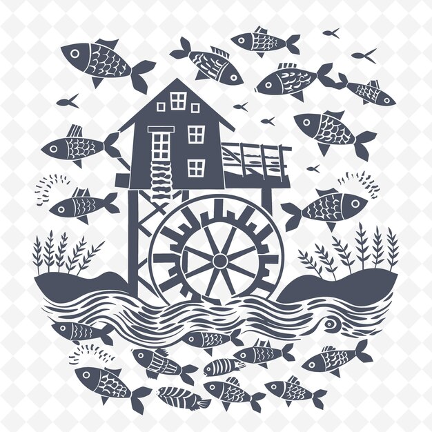 PSD contorno de moinho de água com rodas de água e peixes uma grande ilustração de água quadros decoração coleção