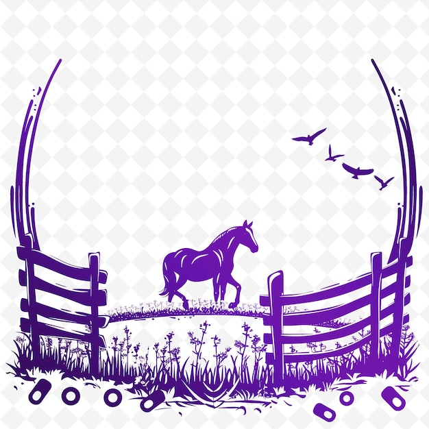 PSD contorno de pasto de cavalo com estrutura de cerca de pasto e ilustração de ferradura colecção de motivos de decoração