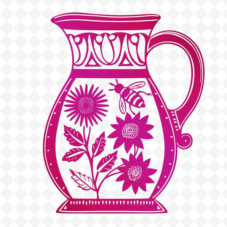 PSD contorno di brocca di ceramica con disegno di girasole e accento di api illustrazione cornici collezione di decorazione