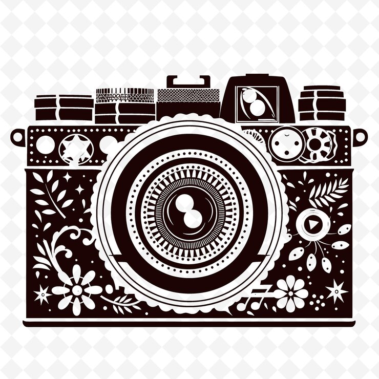 PSD contorno di fotocamera vintage con modello di obiettivo e dettagli di film m illustrazione collezione di motivi di decorazione