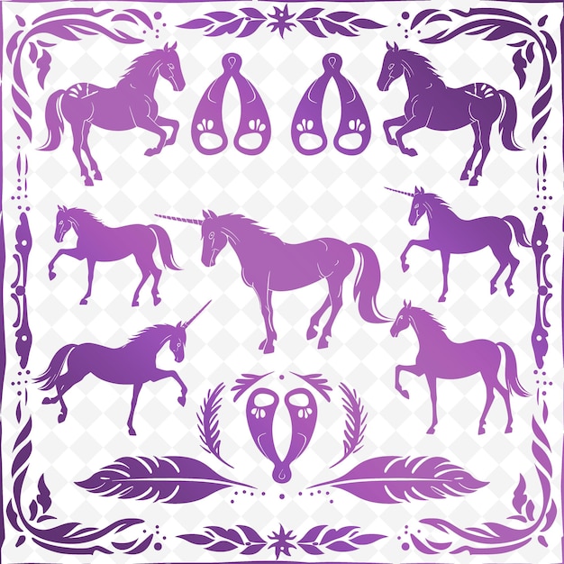 PSD contorno estável com motivos de cavalos e ferraduras de cavalos monturas de ilustrações de cavalos colecção de decoração
