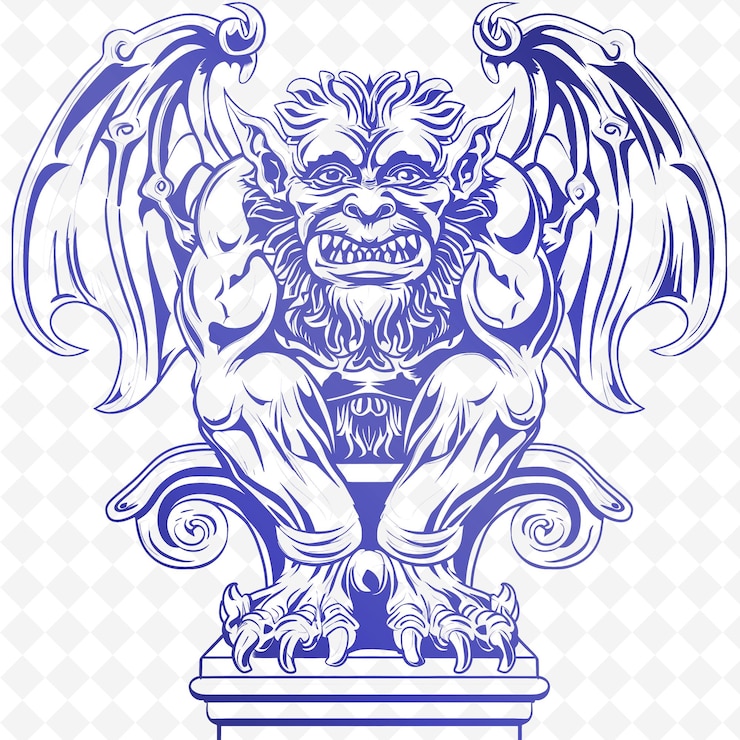 PSD contorno de gárgola de piedra con características grotescas y cuadros de ilustración de scrollwo colección de decoración