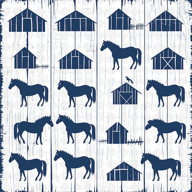 PSD contorno de granero rústico con patrón de tabla de madera y ilustraciones de caballos detai colección de motivos de decoración