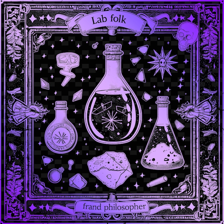 PSD contorno de laboratorio de alquimistas con marco de frasco y cuadros de ilustración de filósofos de la colección de decoración