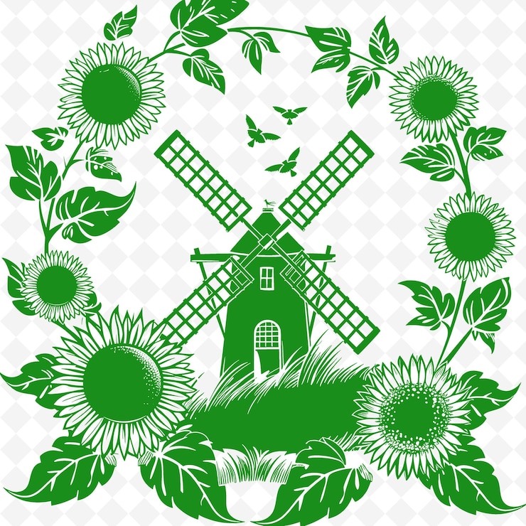 PSD contorno de molino de viento con marco floral y símbolo de girasol para la colección de decoración de marcos de ilustración