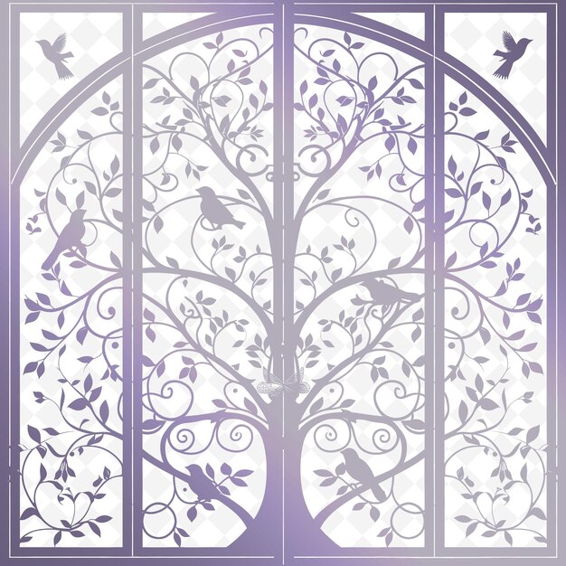 PSD contorno de puerta de vidrio pintado con diseño de árbol de la vida y cuadros de ilustración de bir colección de decoración