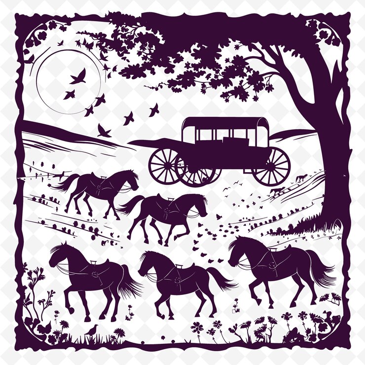 PSD contorno de la tienda de wainwrights con marco de carro y marco de ilustración de símbolos de caballos colección de decoración
