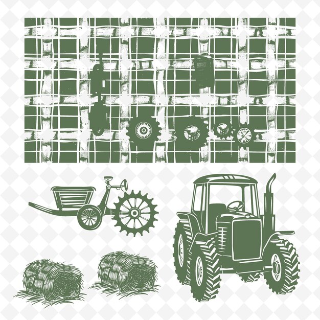 PSD contorno de tractor de granja con patrón a cuadros y detalles de la rueda ilustración de motivos de decoración colección