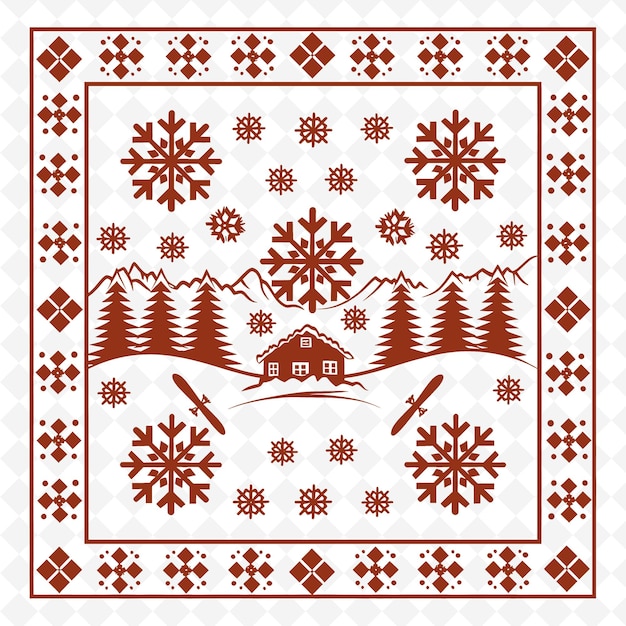 PSD contour de chalet alpin avec motif de ski et illustration de flocon de neige collection de motifs de décoration