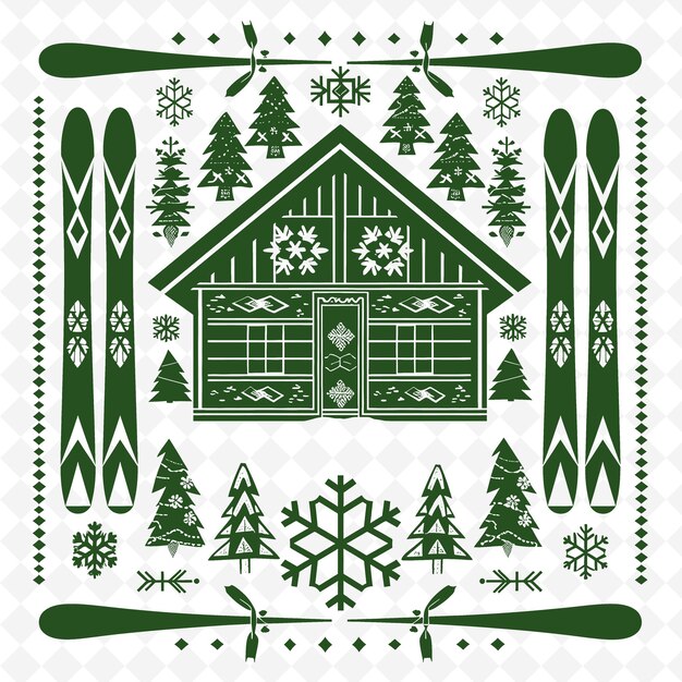 PSD contour de chalet alpin avec motif de ski et illustration de flocon de neige collection de motifs de décoration