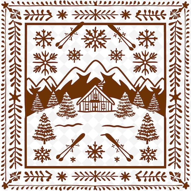 PSD contour de chalet alpin avec motif de ski et illustration de flocon de neige collection de motifs de décoration