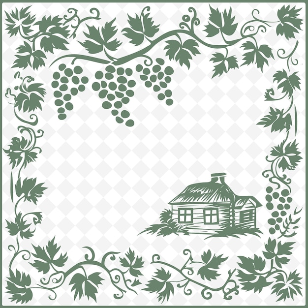 PSD contour de chalet en bois avec cadre de vigne et symbole de raisin pour la collection de décoration de cadres d'illustration