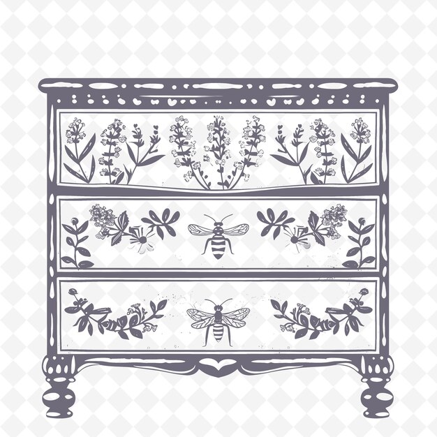 PSD contour de commode de style cottage avec design à la lavande et collection de motifs de décoration d'illustration d'abeille