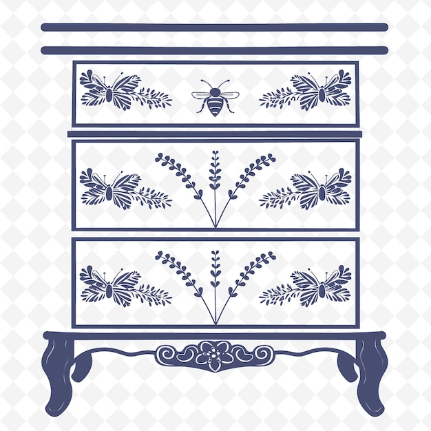 PSD contour de commode de style cottage avec design à la lavande et collection de motifs de décoration d'illustration d'abeille