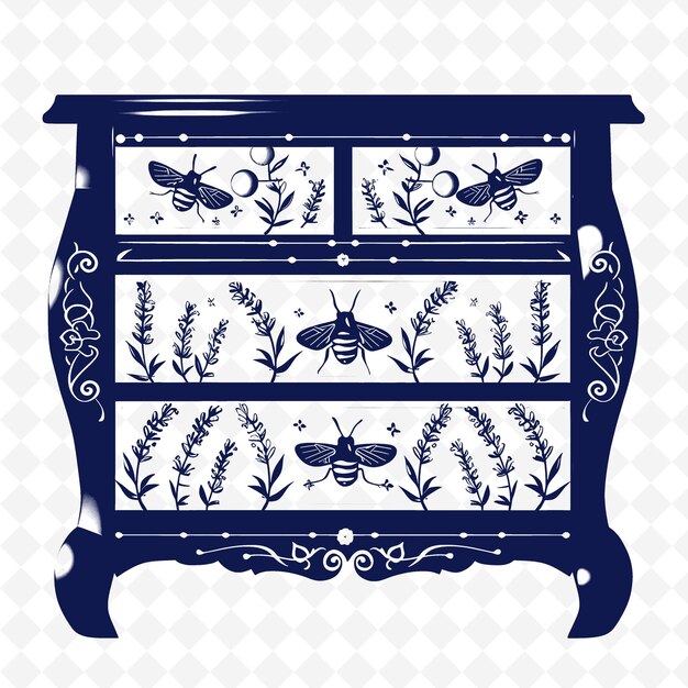 PSD contour de commode de style cottage avec design à la lavande et collection de motifs de décoration d'illustration d'abeille