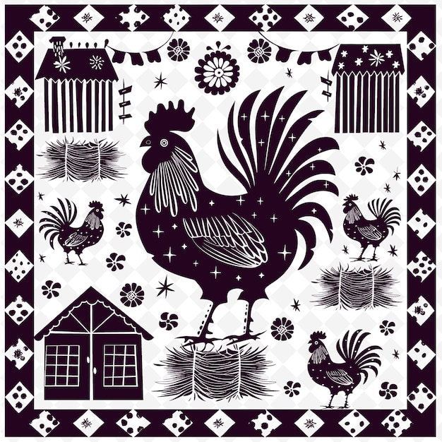 PSD contour de coq de pays avec motif à carreaux et illustration de grange collection de motifs de décoration