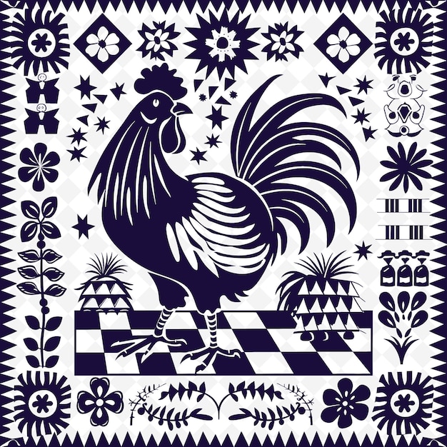 PSD contour de coq de pays avec motif à carreaux et illustration de grange collection de motifs de décoration