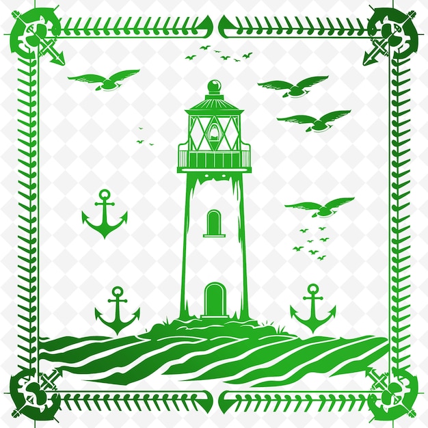 PSD contour du port avec cadre de phare et symbole d'ancre pour l'illustration collection de motifs de décoration