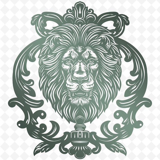 PSD contour de frappeur de porte en fer avec dessin de tête de lion et illustration de motifs de décoration de vine pa