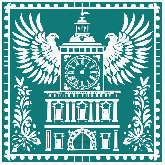 PSD contour de l'hôtel de ville avec la tour de l'horloge et les symboles de l'aigle pour la collection de décoration de cadres d'illustration de