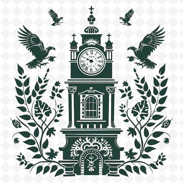 PSD contour de l'hôtel de ville avec la tour de l'horloge et les symboles de l'aigle pour la collection de décoration de cadres d'illustration de