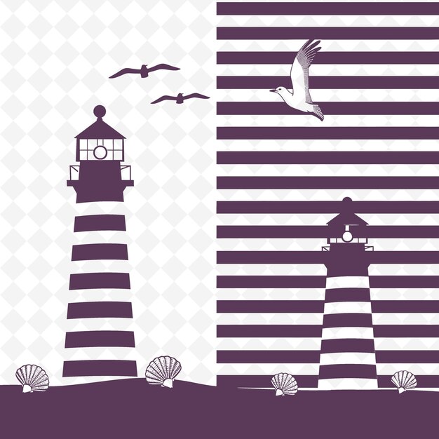 PSD contour de phare côtier avec dessin rayé et collection de motifs de décoration d'illustration de mouette