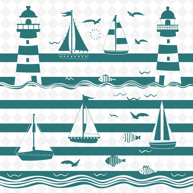 PSD contour de phare côtier avec motif à rayures et illustration de bateau collection de motifs de décoration