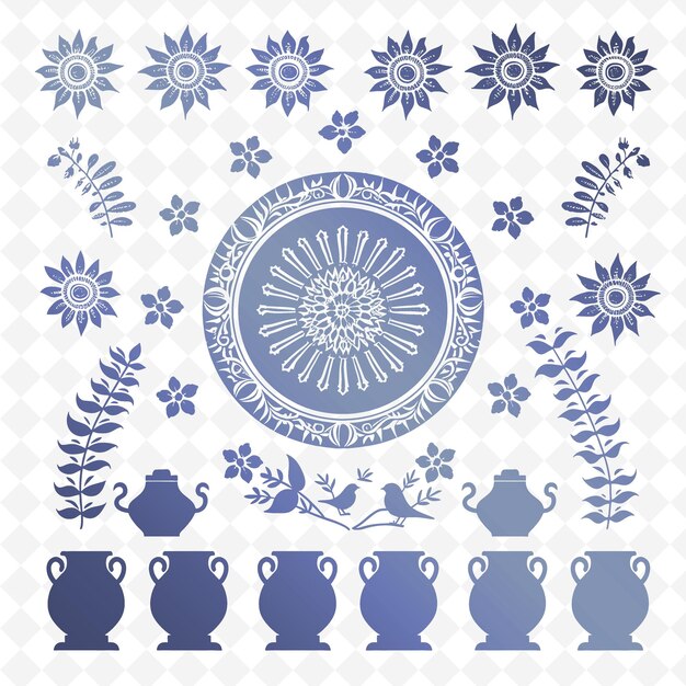 PSD contour de poterie avec dessin de roue et symboles de pot d'argile pour la collection de décoration de cadres d'illustration