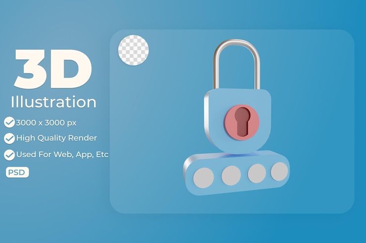 PSD la contraseña de seguridad del icono del objeto de ilustración 3d se puede utilizar para gráficos de información de aplicaciones web, etc.