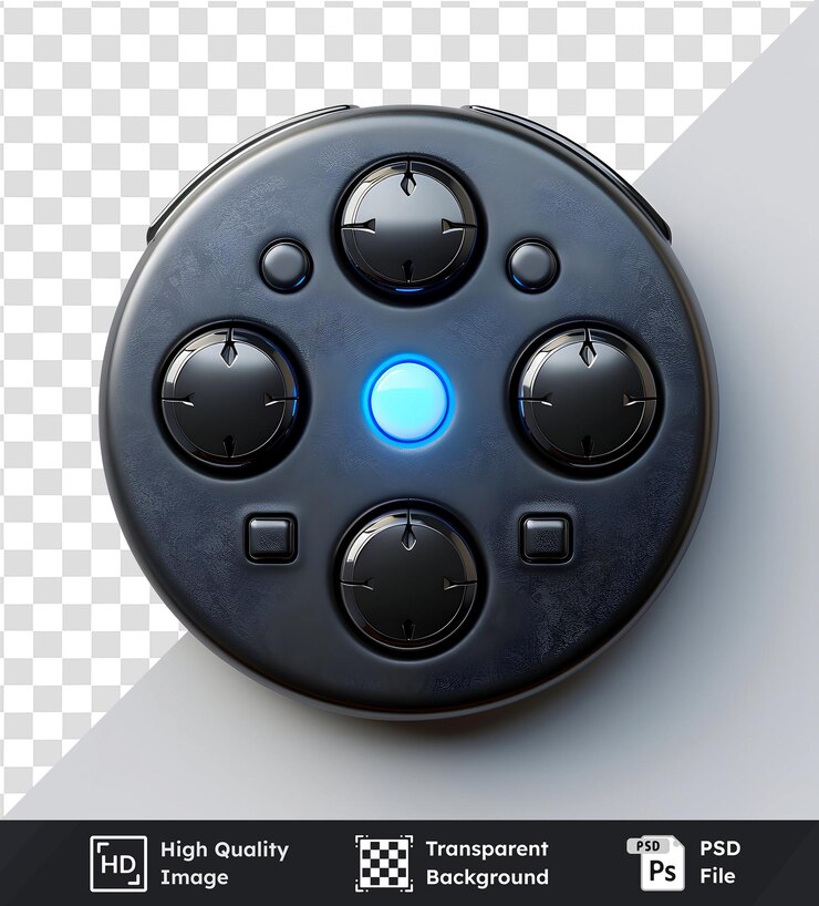 PSD controlador circular futurista con botón azul brillante y perillas negras diseño abstracto para techno