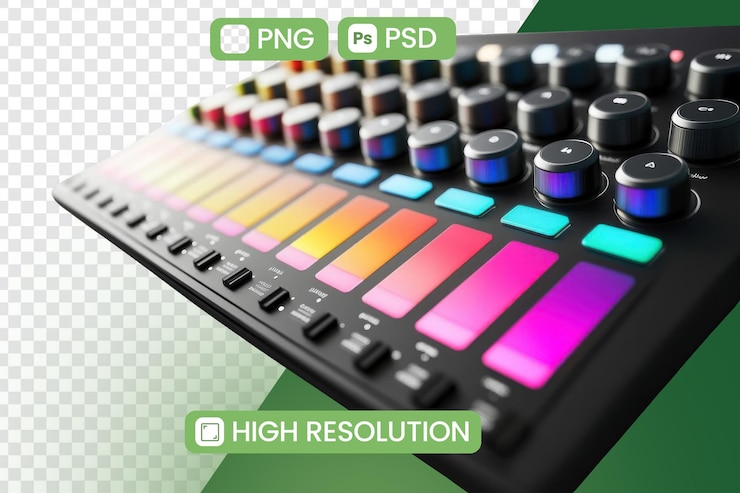 PSD controlador de produção de música moderno mostra pads e botões coloridos com tema de instrumentos musicais