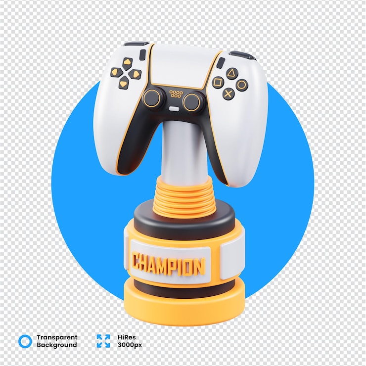 PSD controlador de juego de campeón renderizado en 3d en la base de trofeos