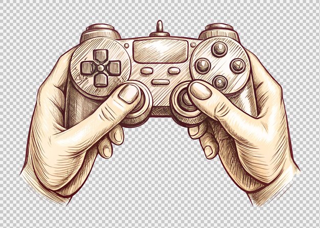 Controlador de juego en la mano Esbozo de gamepad de video en un fondo transparente