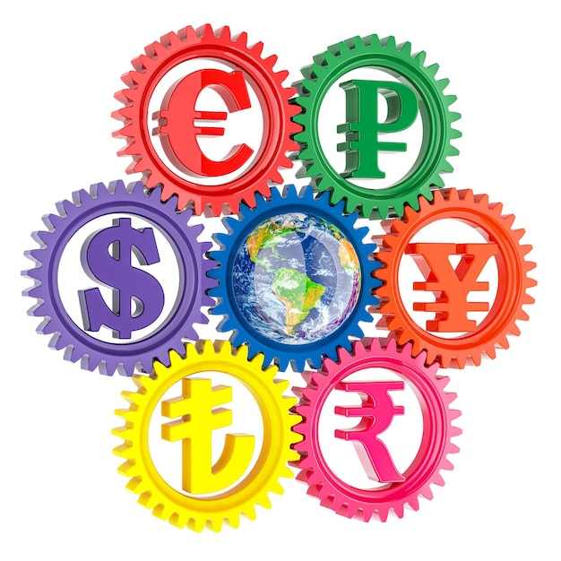 Conversion des engrenages monétaires mondiaux et échange de concepts de devises rendu 3D isolé sur un fond transparent