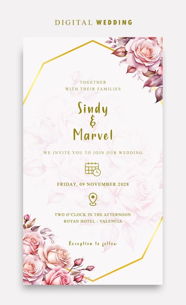 Convidado de casamento digital PSD com elegantes rosas aquareladas