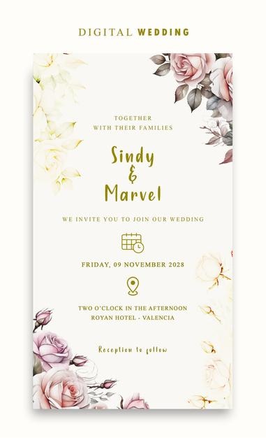 Convidado de casamento digital PSD com elegantes rosas aquareladas