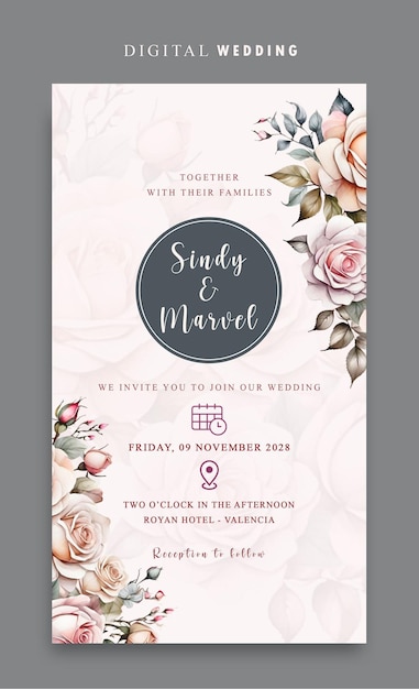 Convidado de casamento digital PSD com flor de aquarela elegante