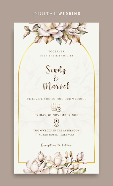 Convidado de casamento digital PSD com flor de aquarela elegante