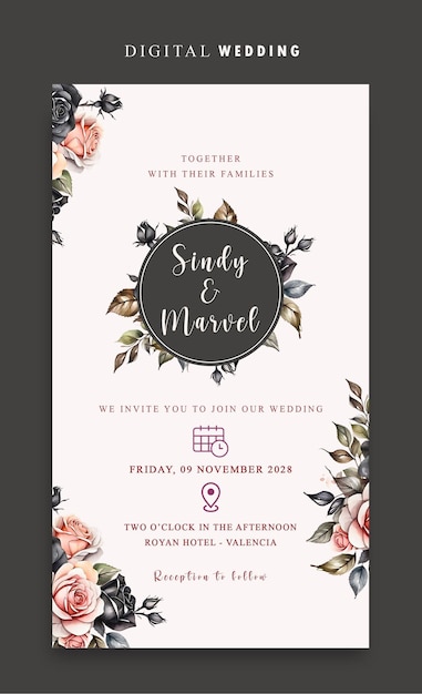 Convidado de casamento digital PSD com flor de aquarela elegante