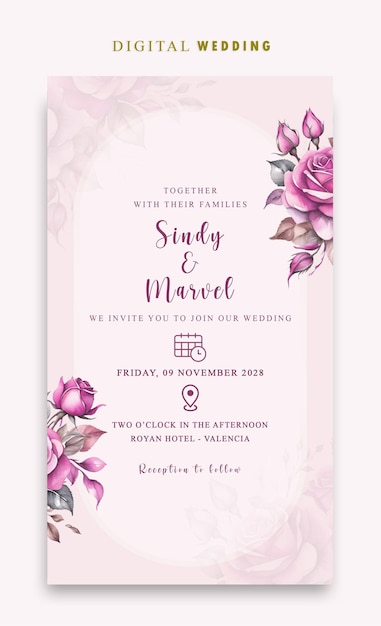 Convidado de casamento digital PSD com fundo roxo geométrico