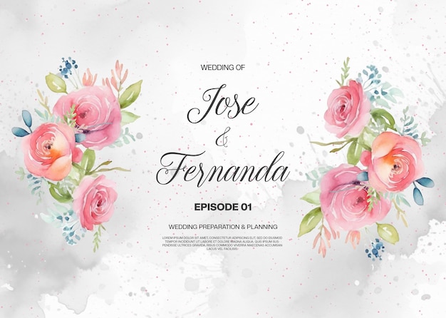 PSD convidado para um casamento com flores aquareladas e salpicos de pintura