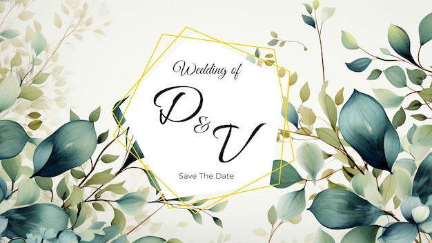 PSD convite banner de folhas de aquarela de casamento