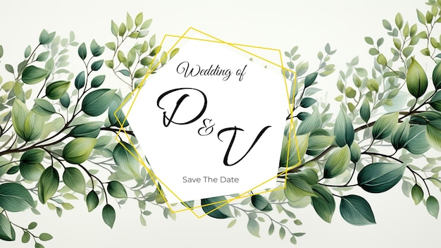 PSD convite banner de folhas de aquarela de casamento