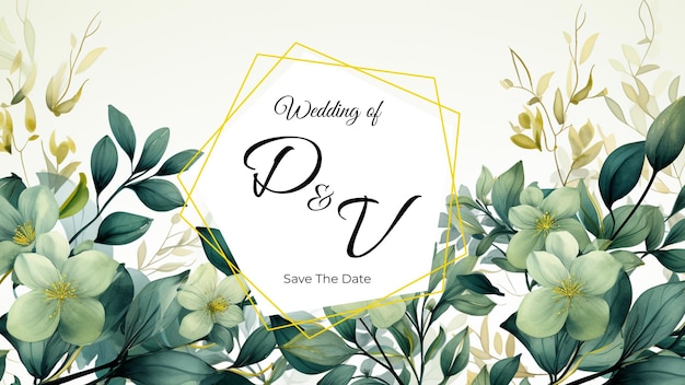 PSD convite banner de folhas de aquarela de casamento