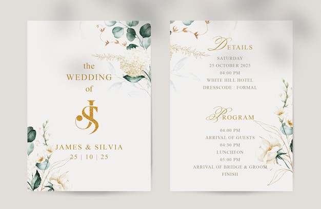 PSD convite de casamento branco elegante e bonito com aquarela boho wildflower